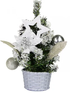 Clearance Christmas Warehouse White Poinsettia & Silver Decorations Tabletop Christmas Tree Ornament - 18Cm