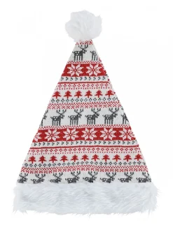 Store Christmas Warehouse White, Red & Grey Knitted Sweater Look Santa Hat - One Size Fits Most