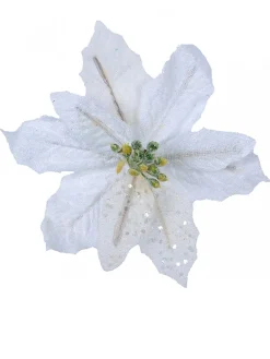 Flash Sale Christmas Warehouse White Sequin & Fabric Petal Poinsettia Decorative Christmas Flower Pick - 14Cm