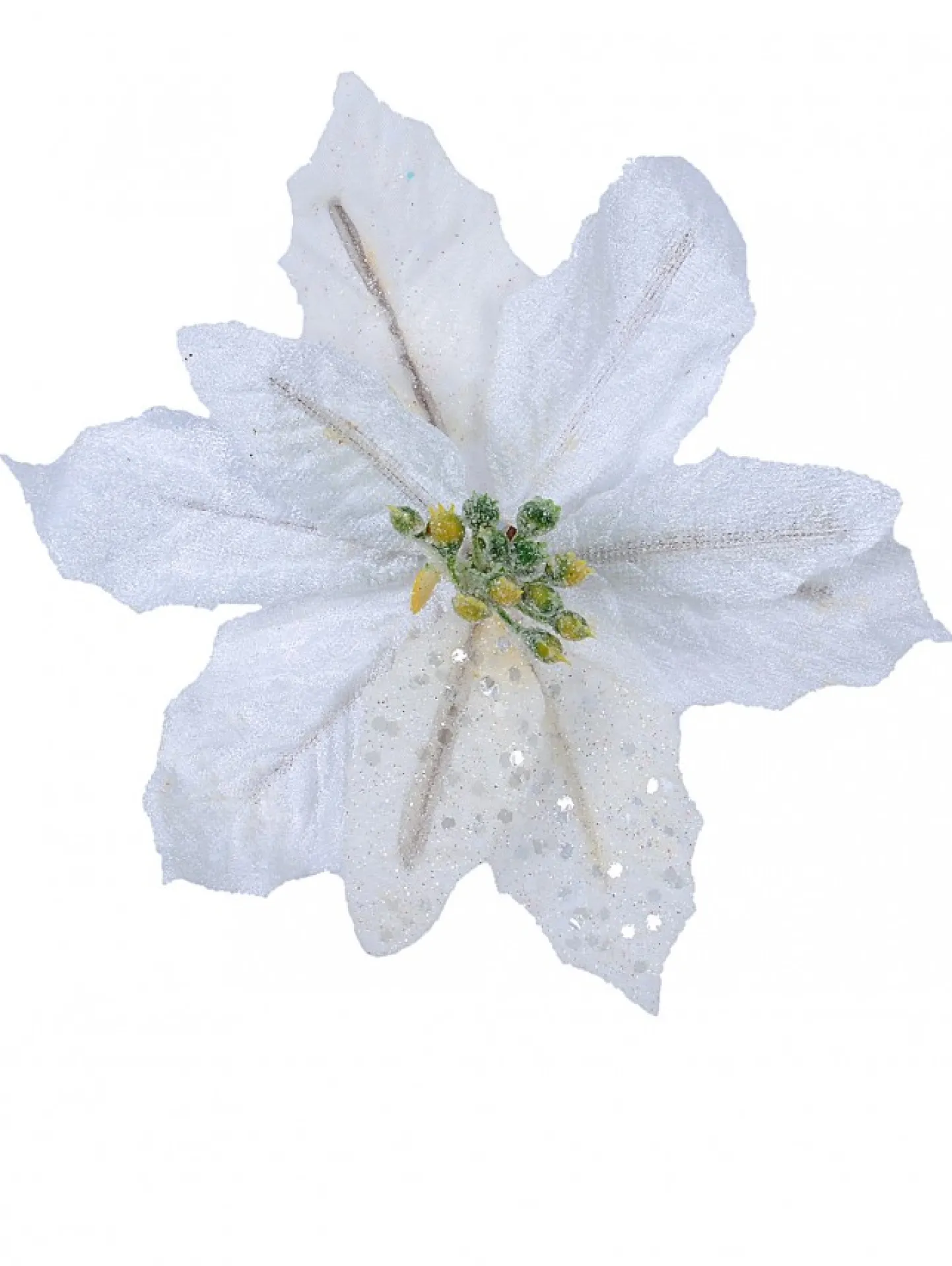 Flash Sale Christmas Warehouse White Sequin & Fabric Petal Poinsettia Decorative Christmas Flower Pick - 14Cm
