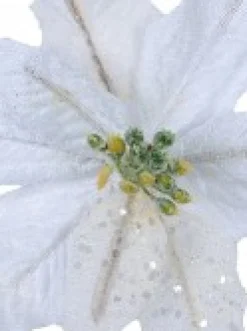 Flash Sale Christmas Warehouse White Sequin & Fabric Petal Poinsettia Decorative Christmas Flower Pick - 14Cm
