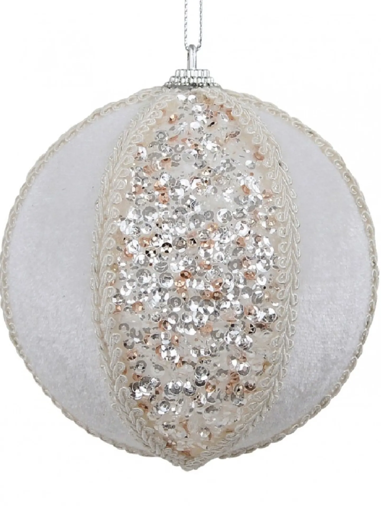Shop Christmas Warehouse White Sequin & Velvet Bauble Christmas Tree Hanging Decoration - 11Cm