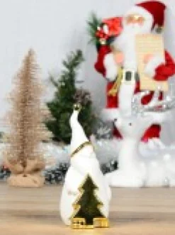 Sale Christmas Warehouse White Winter Large Santa With Gold Tree Ceramic Christmas Ornament - 19Cm