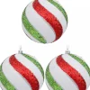 Cheap Christmas Warehouse White With Red, Green & Silver Glitter Swirl Pattern Large Baubles - 3 X 12Cm