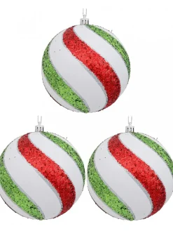 Cheap Christmas Warehouse White With Red, Green & Silver Glitter Swirl Pattern Large Baubles - 3 X 12Cm