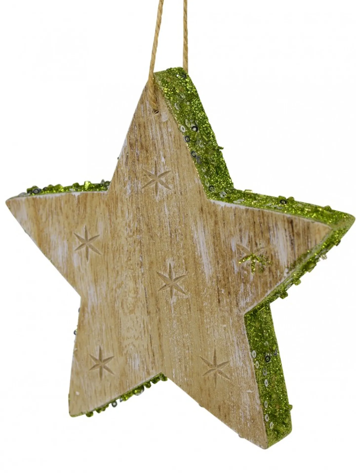 Flash Sale Christmas Warehouse Wood Star With Green Glitter Trim Christmas Tree Hanging Decoration - 12Cm